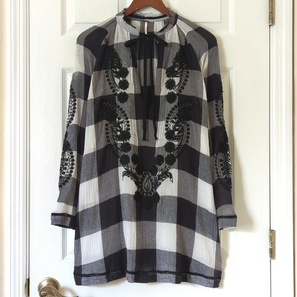 Free People Tops - Free People Embroidered & Beaded Buffalo Plaid Gauze Long Sleeve Tunic Top XS
